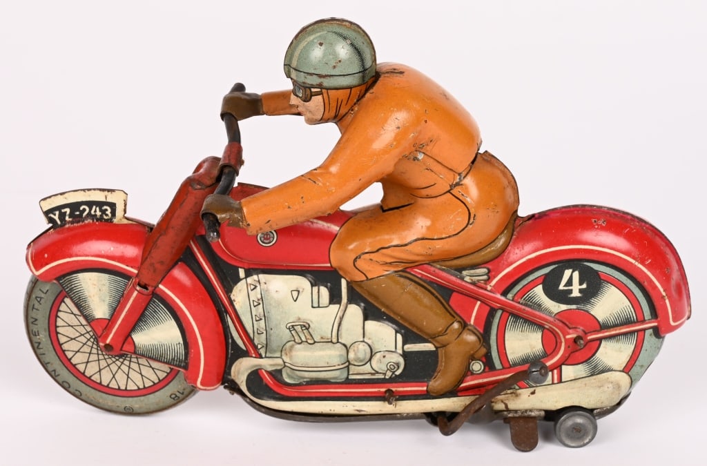 TECHNOFIX TIN FRICTION RACING MOTORCYCLE: All original in great shape. Friction works. 7" Excellent