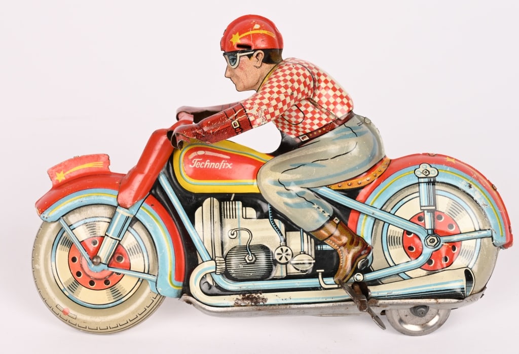 TECHNOFIX TIN FRICTION RACING MOTORCYCLE: All original in great shape. Friction works. 7" Excellent