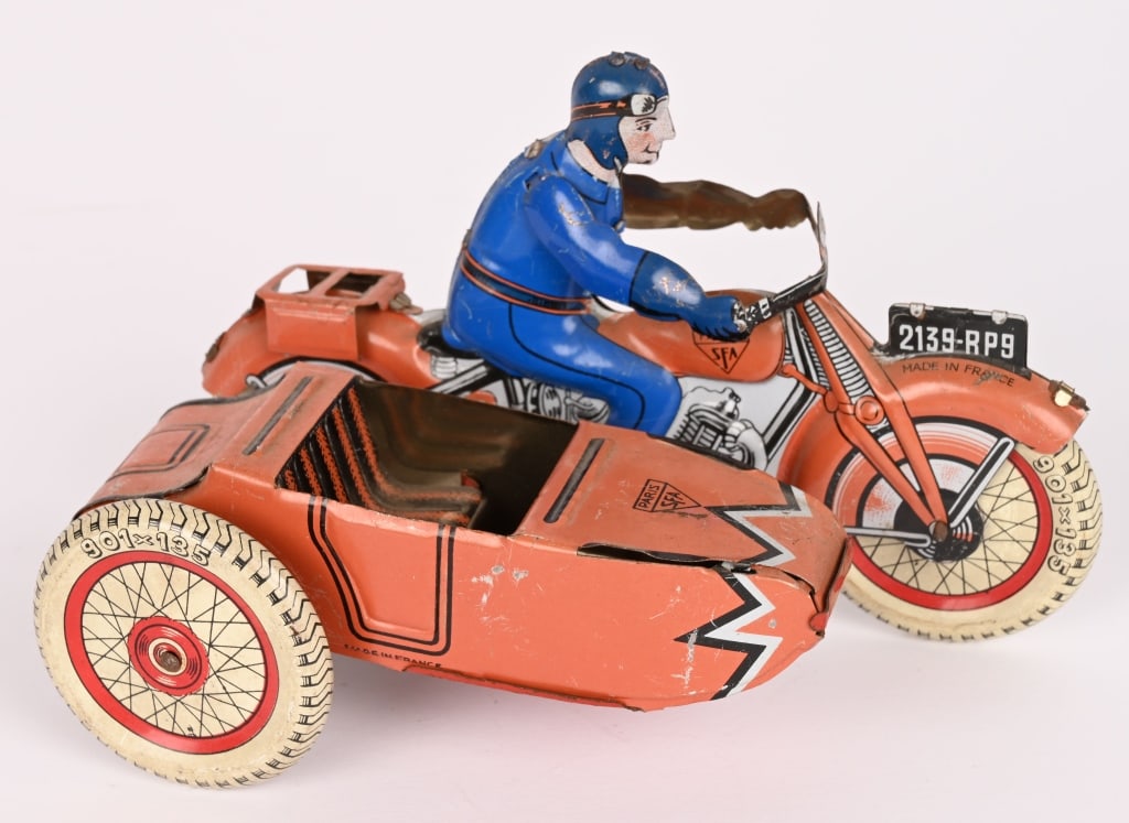SFA PARIS TIN MOTORCYCLE w/ SIDECAR: All original in nice condition. 7" Excellent