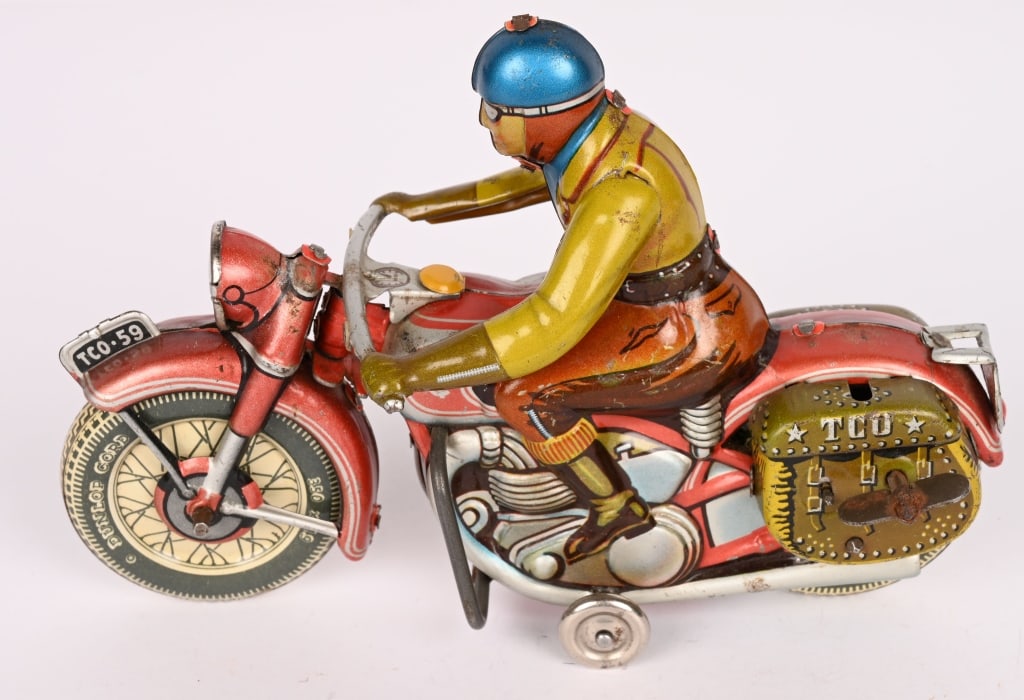 TIPP TIN WINDUP CIVILIAN MOTORCYCLE: All original with nice details. Windup works. 6 1/2" Excellent