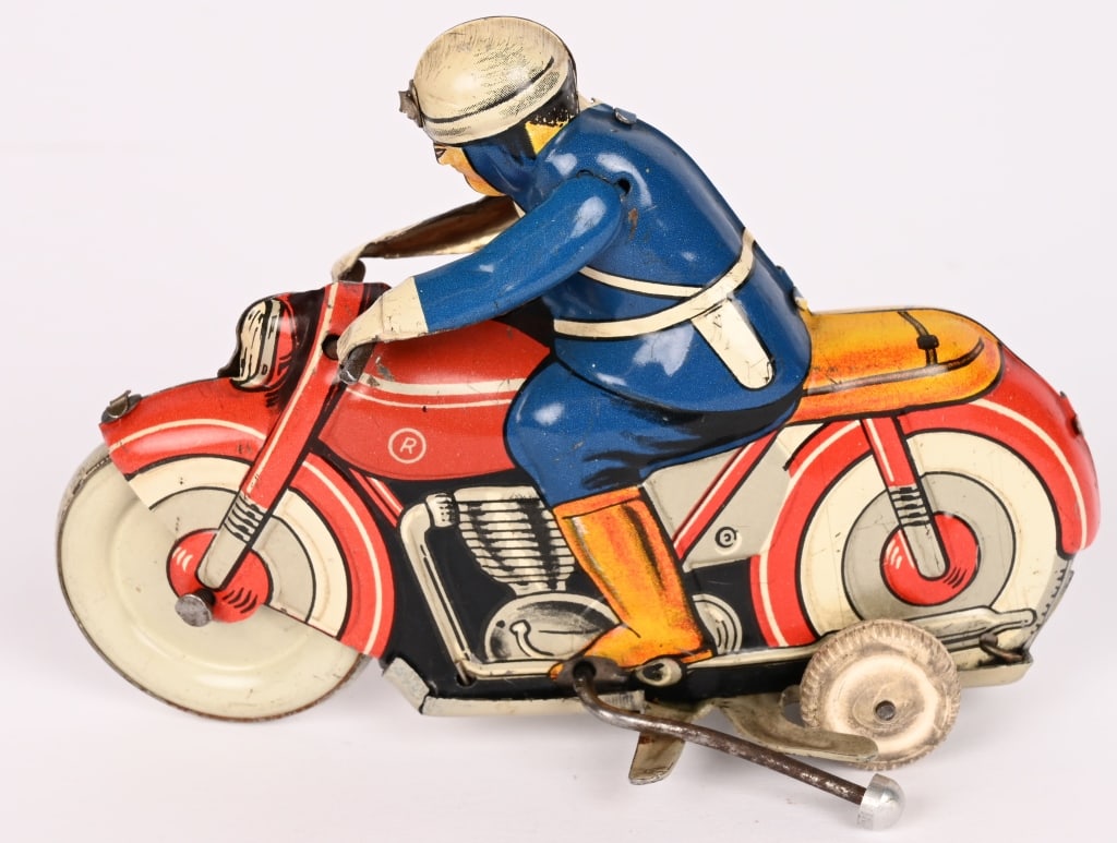 EUROPEAN TIN WINDUP MOTORCYCLE: All original in great condition Has R on gas tank. Windup works. 4 1/2" Excellent
