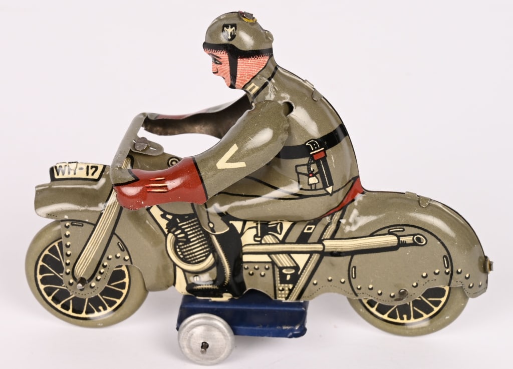 GERMAN TIN WH-17 MILITARY MOTORCYCLE: All original in clean condition. Has WH-17 on front plate. 4" Excellent