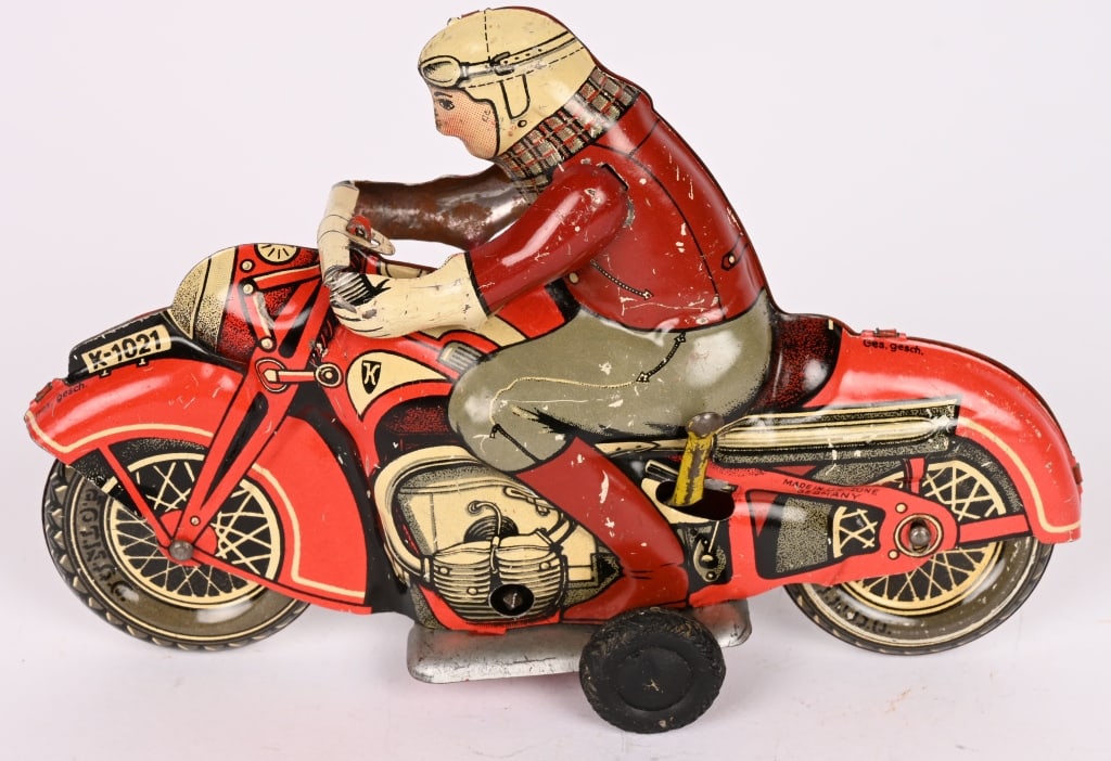 HUKI TIN WINDUP CIVILIAN MOTORCYCLE: All original in great shape. Windup works. 7" Excellent