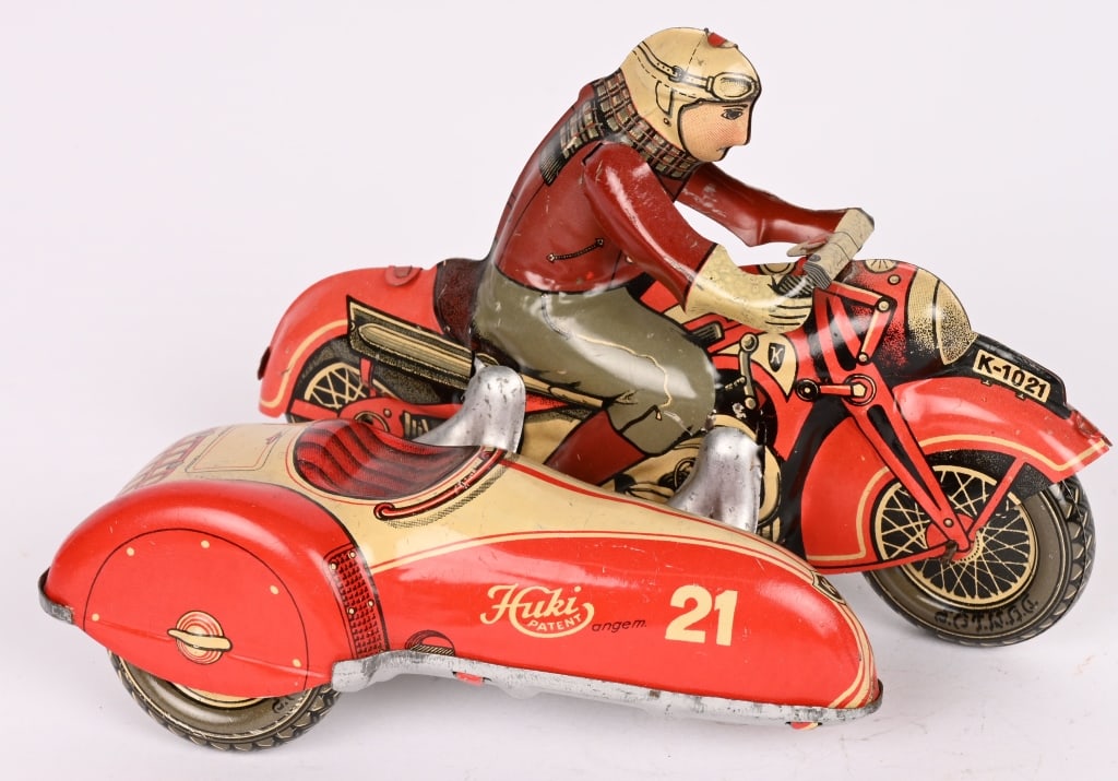 HUKI TIN WINDUP CIVILIAN MOTORCYCLE w/ SIDECAR: All original in great shape. Windup works. 7" Excellent