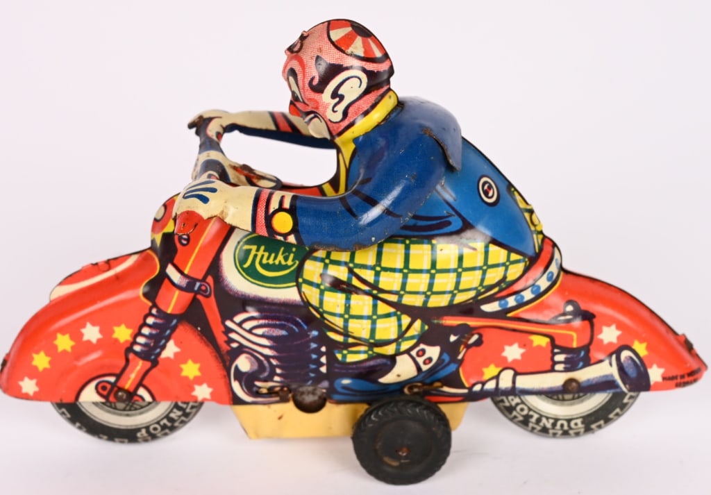 HUKI TIN FRICTION CLOWN MOTORCYCLE (1 of 5)