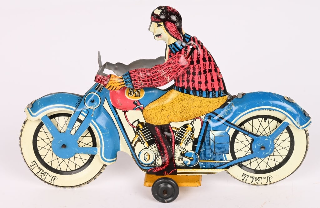 FRENCH TIN CIVILIAN MOTORCYCLE: All original with nice colors. 6 1/2" Excellent