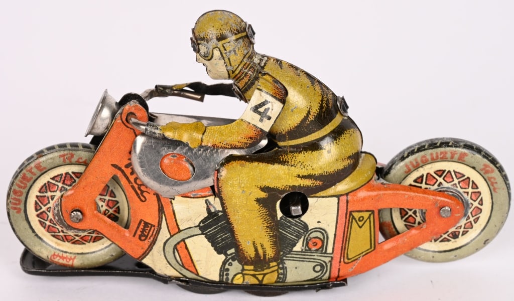 PAYA TIN WINDUP #4 RACING MOTORCYCLE: All original in nice condition. Windup works. 5" Excellent
