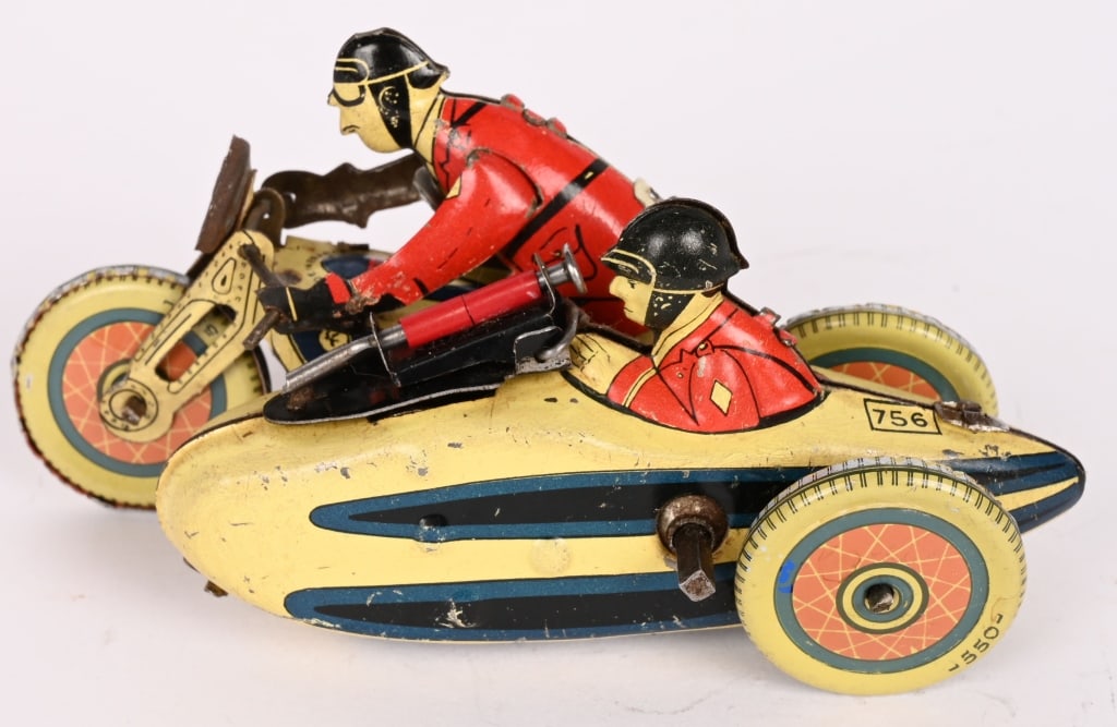 FRENCH TIN WINDUP MILITARY MOTORCYCLE w/ SIDECAR (1 of 5)