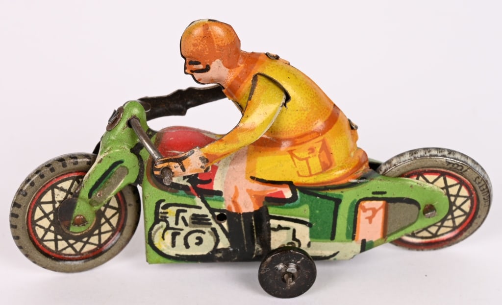 PAYA TIN PENNY TOY CIVILIAN MOTORCYCLE: All original with nice colors. 3 1/2" Excellent