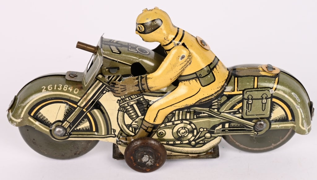 METTOY TIN FRICTION MILITARY MOTORCYCLE: All original in great shape. Friction works. 5 1/2" Excellent