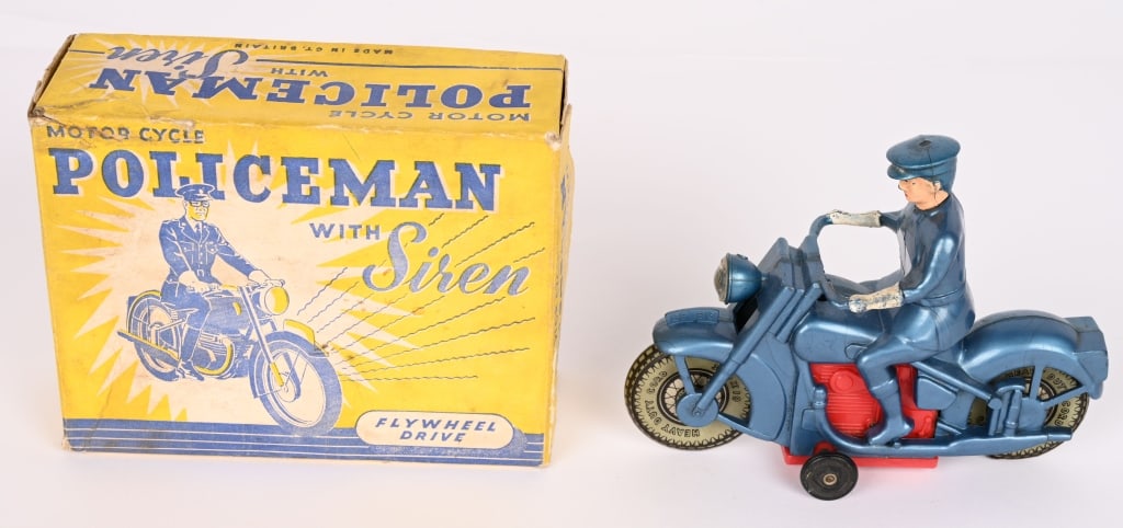 GREAT BRITAIN FRICTION POLICEMAN MOTORCYCLE w/BOX: All original and looks never played with. Friction works. Boxed 5 1/2" Excellent