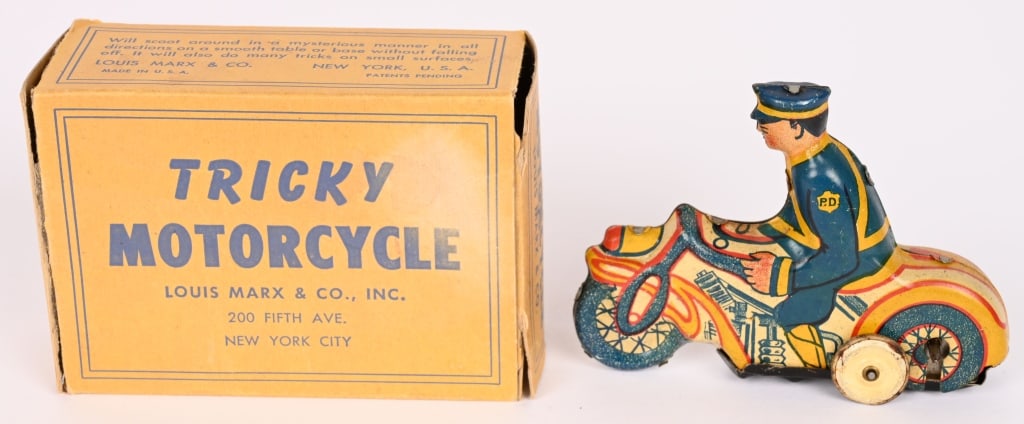 MARX TIN WINDUP TRICKY MOTORCYCLE w/ BOX: All original in great shape. Windup works. Boxed 3 1/2" Excellent
