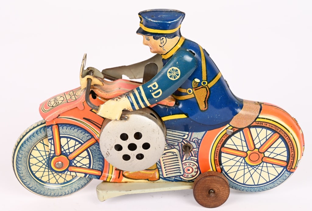 MARX TIN WINDUP PD MOTORYCLE: All original in nice shape. Works. 8" Excellent