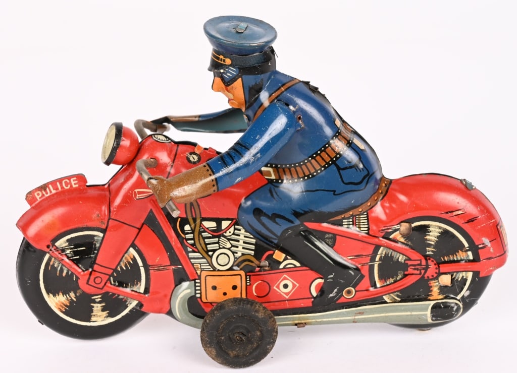 LINEMAR TIN FIRCTION POLICE MOTORCYCLE: All original with nice colors. friction not working. 7" Excellent