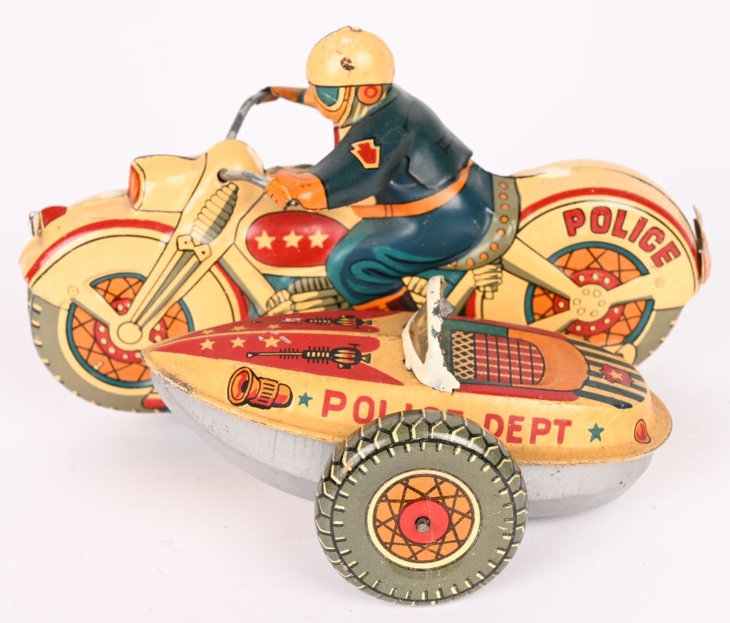 JAPAN TIN FRICTION POLICE MOTORCYCLE w/ SIDECAR: All original with nice colors. Friction works. 5 1/2" Excellent