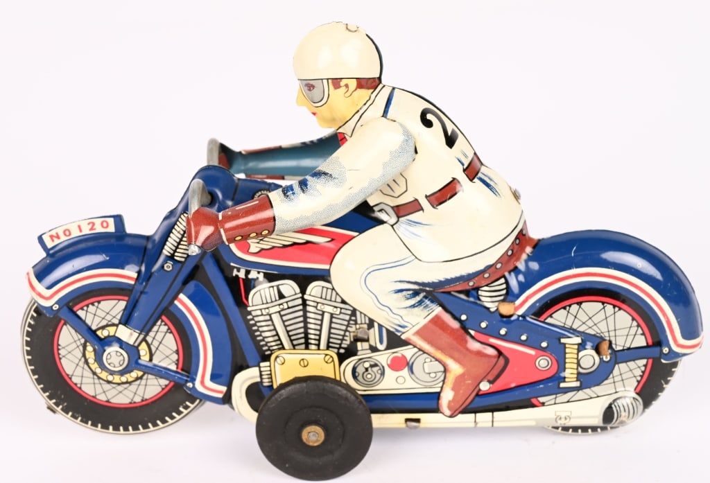 JAPAN TIN FRICTION #21 RACING MOTORCYCLE: Alloriginal with nice colors. Friction works. 7" Excellent