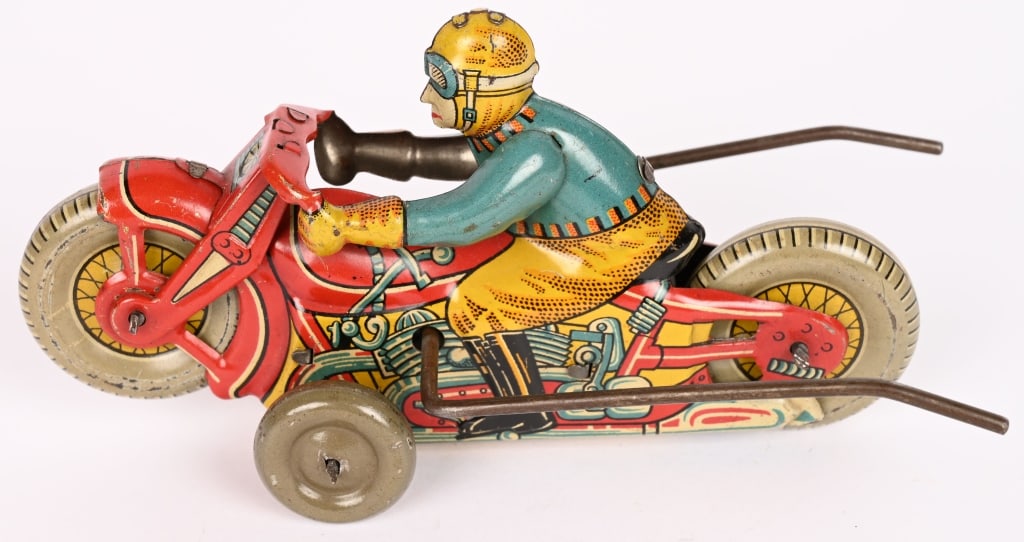 JAPAN TIN WINDUP ROLLOVER MOTORCYCLE: All original in great shape. Windup works. 5 1/2" Excellent