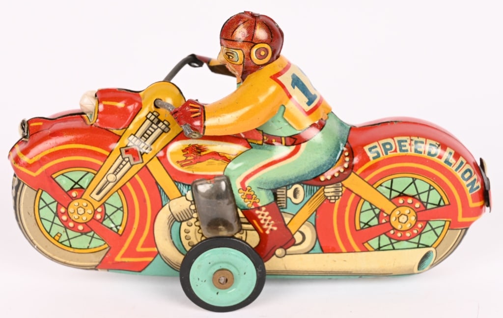 JAPAN TIN FRICTION SPEED LION MOTORCYCLE: All original in great shape. Friction works. 5 1/2" Excellent