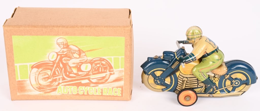 JAPAN TIN FRICTION AUTO RACE CYCLE w/ BOX: All original in great shape. Friction works. Boxed 4 1/2" Excellent