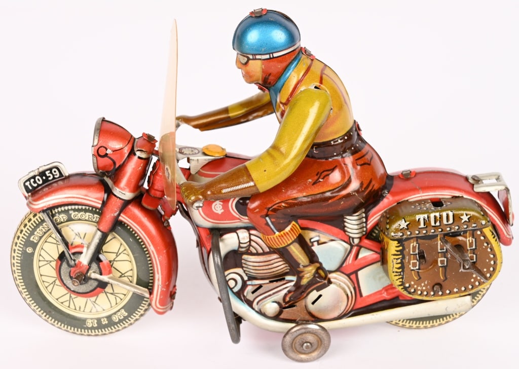 TIPP TIN WINDUP CIVILIAN MOTORCYCLE: All original with great details. Windup works. 7" Excellent