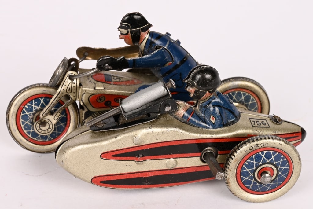 FRENCH TIN WINDUP MILITARY MOTORCYCLE w/ SIDECAR: Very nice Penny Toy size motorcycle with windup mech. All original with Soldiers. Windup works. 4" Excellent