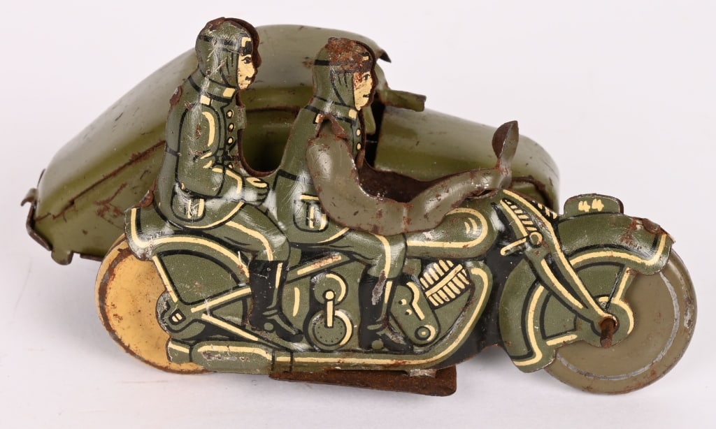 GERMAN Tin Windup MILITARY MOTORCYCLE w/ SIDECAR (1 of 5)