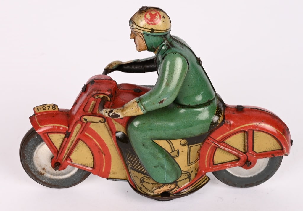 JYE TIN FRICTION CIVILIAN MOTORCYCLE: Spanish friction Civilian Motorcycle. All original and works. 5 1/4" Excellent