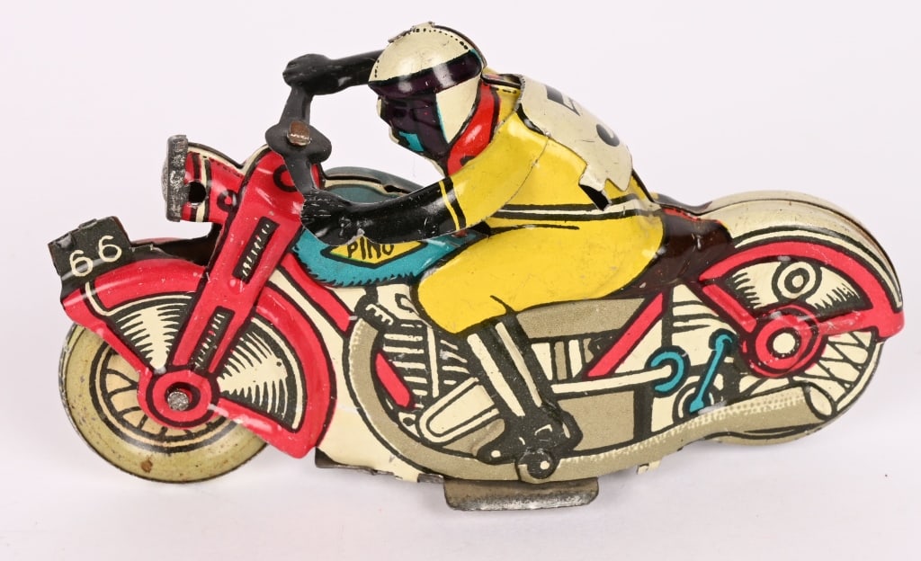 PINO TIN #5 RACING MOTORCYCLE: All original with nice colors. Penny toy size. 3 1/2" Excellent