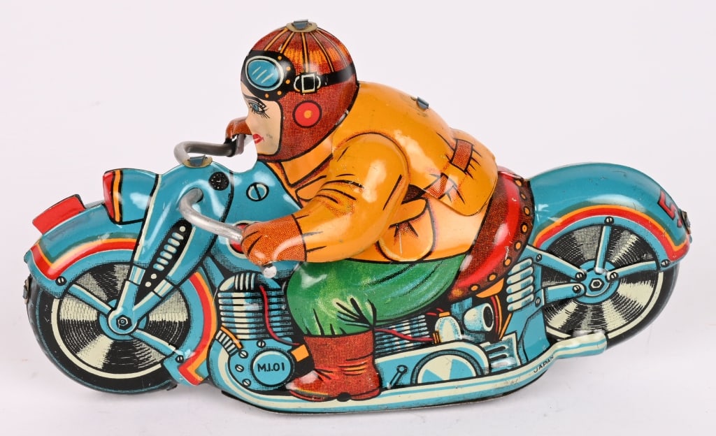 JAPAN TIN FRICTION CIVILIAN MOTORCYCLE: All original with great colors. friction works. 5" Excellent