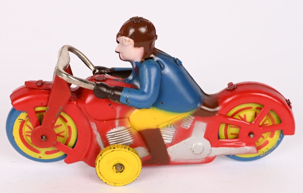 OCCUPIED JAPAN TIN FRICTION MOTORCYCLE: All original in nice shape. marked Occupied Japan on bottom. Friction works. 5" Excellent