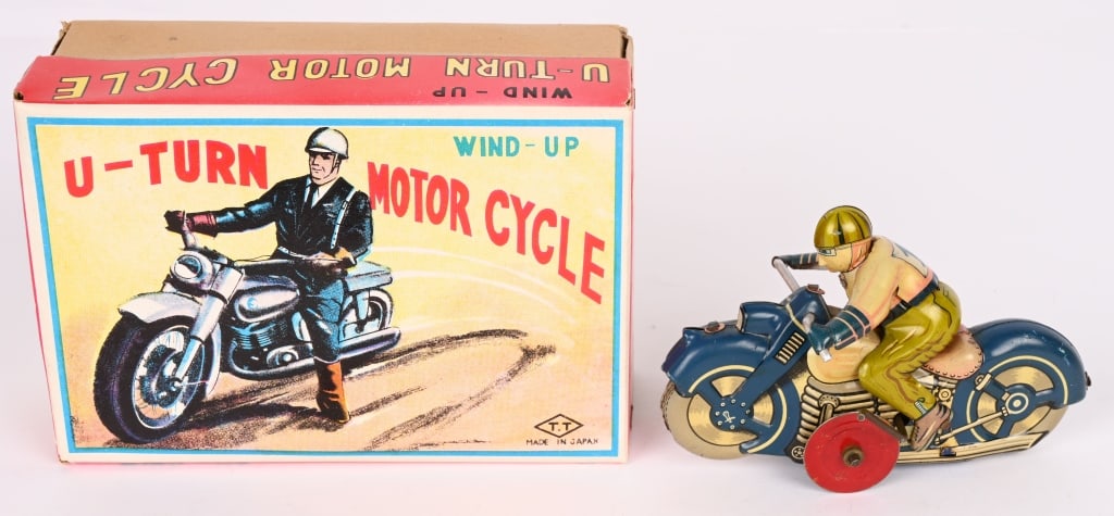 JAPAN TIN WINDUP U-TURN MOTORCYCLE w/ BOX: All original in nice shape. Windup works. Has unique action. 6" Excellent