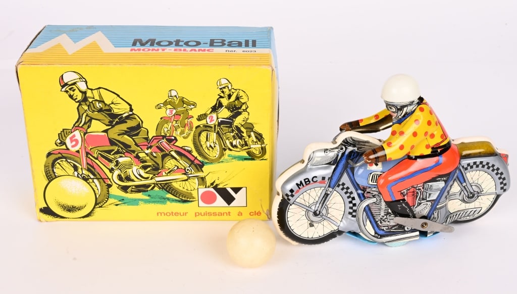 FRENCH TIN WINDUP MOTO BALL MOTORCYCLE w/ BOX: All original in great shape. Comes with ball. Works. Boxed 7 1/2" Excellent