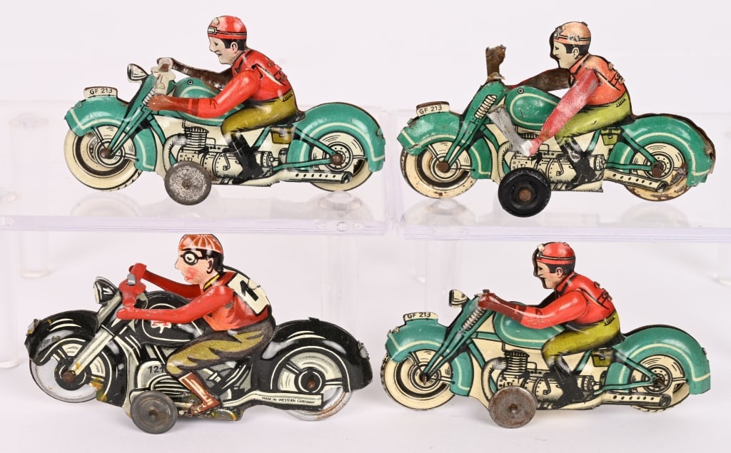 4- GERMAN TIN PENNY TOY MOTORCYCLES: All in great shape with nice colors. 3" Excellent