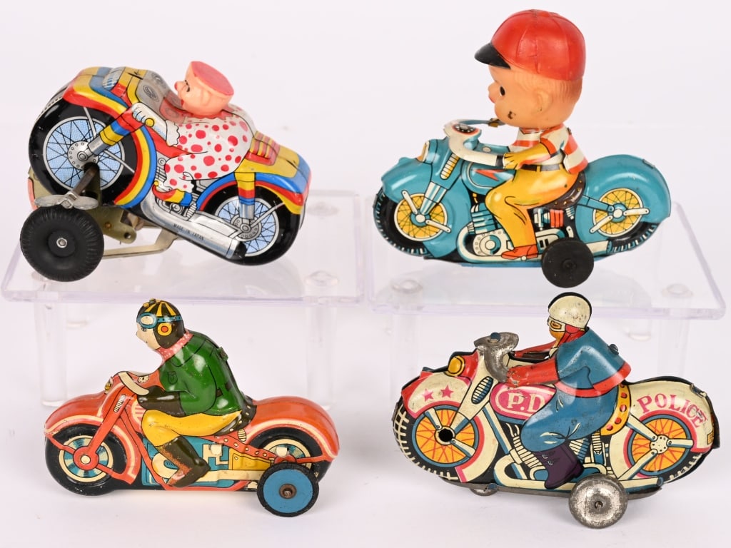 4- JAPAN TIN MOTORCYCLES: All in clean original condition. Largest 3 1/2" Excellent