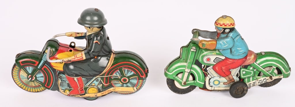 2- JAPAN TIN FRICTION MOTORCYCLES: Both in nice condition. Conditions vary. 5 1/2" AS-IS