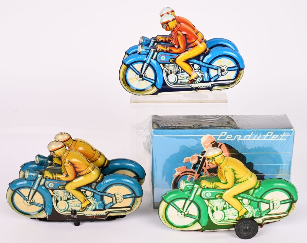 3- GERMAN TIN FRCITION MOTORCYCLES: All in nice condition. Comes with 1 Box. 6 1/2" Excellent