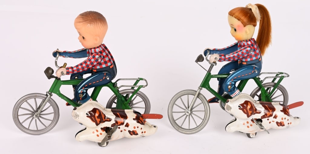 JAPAN WINDUP BOY & GIRL ON BICYCLES w/ DOGS: Both in great shape and work. 6" Excellent