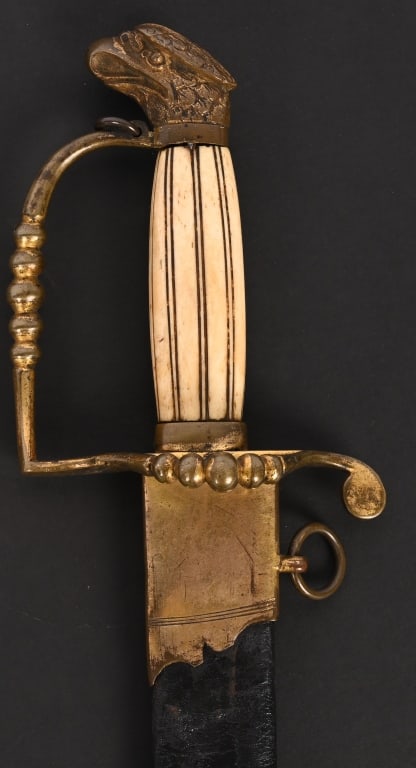 FINE 5 BALL EAGLE HEAD ARTILLERY OFFICERS SWORD: Very nice U.S. Militia bell crown "tar bucket" shako. Used by regular forces as well as militia units from 1820-1835. Shako retains the original scalloped scales, and star side rosettes and Federal