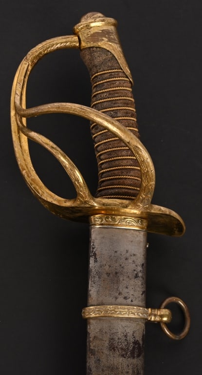 CIVIL WAR FEDERAL M1840 CAVALRY OFFICERS SWORD: Very attractive M1840 Cavalry Officers Sword measuring 42 1/2 inches overall 34 1/2 inch double engraved very bright blade with standard battle motifs along with a Federal Eagle with E. Pluribus Unum 