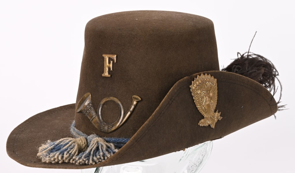 CIVIL WAR FEDERAL INFANTRY 1858 PATTERN HARDEE HAT: Original example of a complete, Pattern 1858, Federal enlisted infantryman’s hat. Commonly referred to as the “Hardee Hat”, the government-issue cover is in excellent near mint