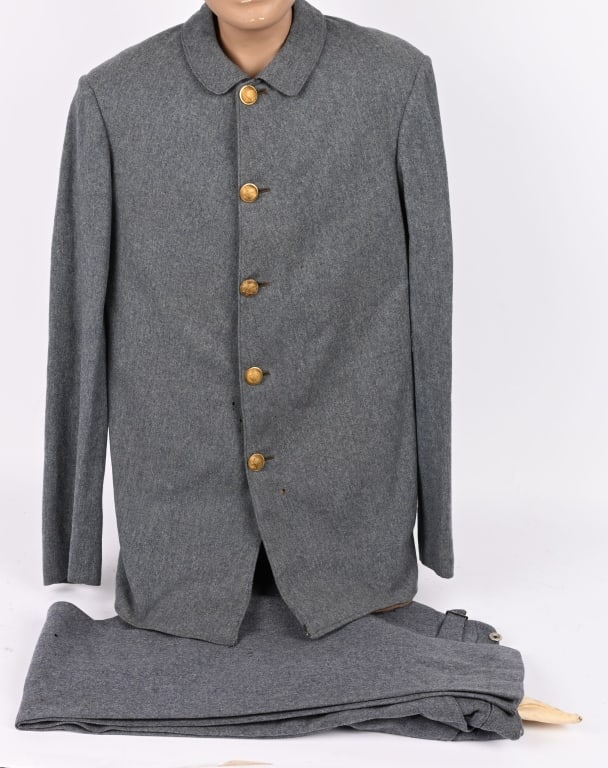 CONFEDERATE 1ST LOUISIANA CAVALRY UCV UNIFORM: A very attractive UCV (United Confederates Veteran) uniform being made of fine gray wool with a 5 button front having UCV Veterans buttons with matching trousers. Both are in excellent condition. This