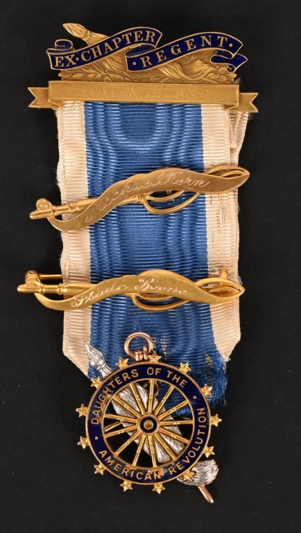 DAUGHTERS OF THE AMERICAN REVOLUTION NAMED MEDAL: In 14K Gold with silvering and navy blue enamels, maker marked ""J.E.C. CO"" marked ""14 K"" (Gold) on the revers and weights a total weight of 16.09 gms Original ribbon with top reading