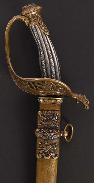 CIVIL WAR TIFFANY PRESENTATION SWORD 134TH ILL.: A very attractive Civil War Silver Hilted Presentation Sword by Tiffany. This Staff and Field Officers sword has a double engraved blade with standard military motifs and a bold US and a crest of arms