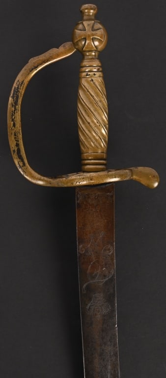 PRUSSIAN M1816 INFANTRY HANGER SWORD UNIT MARKED: A M1816 Prussian infantry sidearm, or hanger. The blade is mostly grayed but very pleasant in appearance , the monarch's crown and cypher clearly engraved on both sides of the blade. Stamped regimenta