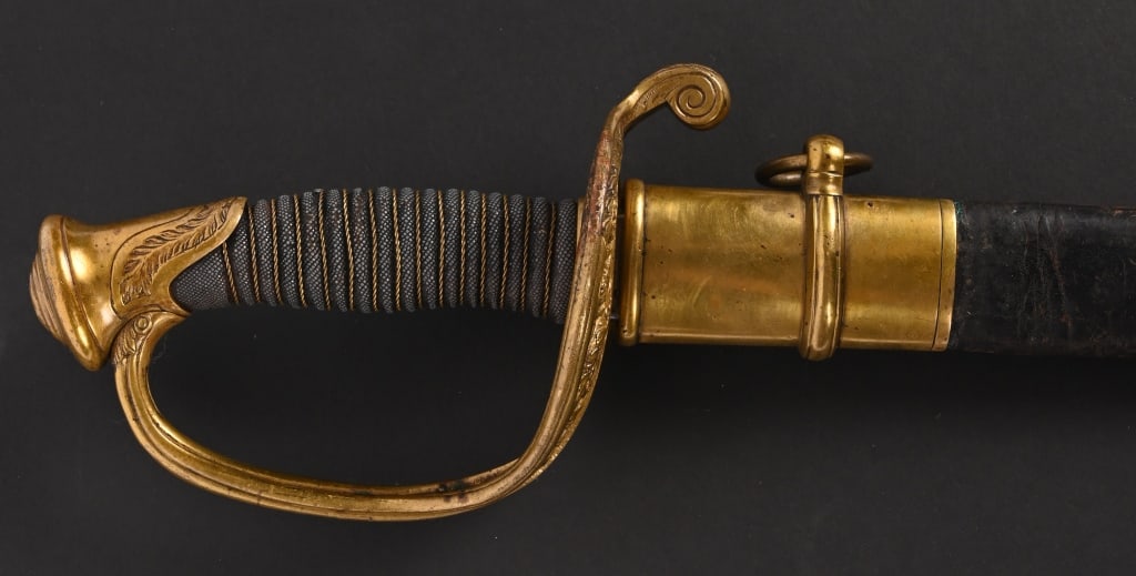 CIVIL WAR MODEL 1850 AMES FOOT OFFICERS SWORD: Original Model 1850 Foot Officers sword. 30 1/2" blade and 36 1/2" overall. Blade is plain. Scabbard's throat is marked Ames Mfg. Co. Chicopee, Mass. Hilt is tight and has a ray skin grip with twisted