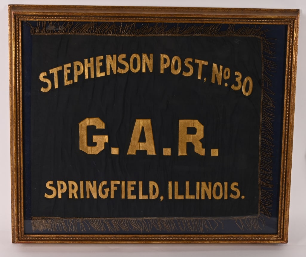 STEPHENSON POST No. 30 GAR BANNER SPRINGFIELD ILL: Stellar Framed Fringed banner of the Stephenson Post, No. 30 G.A.R. of Springfield Illinois measuring 26 X 22 inches Made of midnight blue silk and has been completely hand painted with gold paint wit