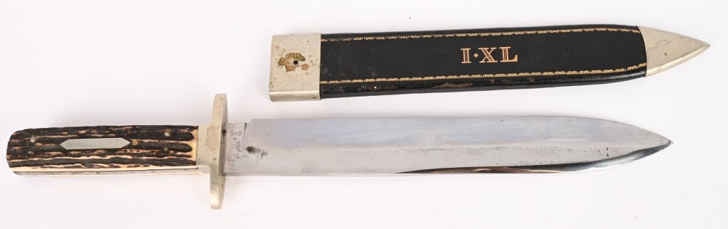 CIVIL WAR IMDIAN WARS I XL LARGE SIDE KNIFE SHEATH: Civil War to Indian Wars Period Side Knife15 1/4" overall with a 10" blade that is 1 5/8" wide. Light wear. Leather Scabbard is marked I*XL. Excellent