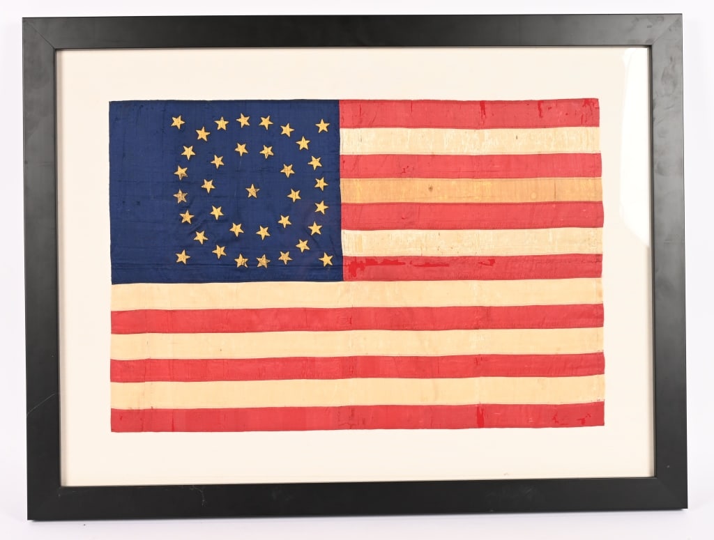 ULTRA RARE CIVIL WAR SILK 35 STAR FLAG OR GUIDON: Stunning Civil War 35 star silk Guidon that have gilt hand painted Stars In A circular medallion the form of a standard rectangle flag. Made identically as a standard Guidon without the swallow tail. 