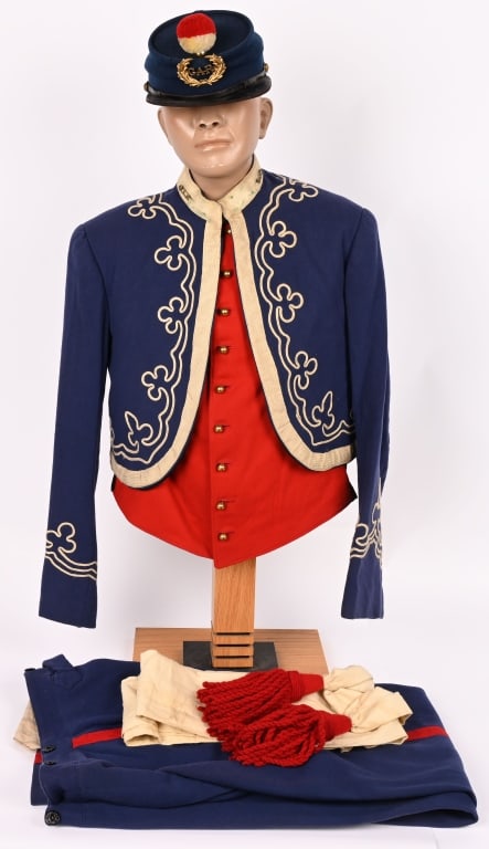 CIVIL WAR VETERAN GAR ZOUAVE UNIFORM W KEPI & SASH: A very attractive GAR Zouave complete uniform by Henderson Ames of Kalamazoo, Michigan. The uniform is in excellent condition complete with Tunic, Vest, Pants, Kepi and Sash. The uniform is in excelle