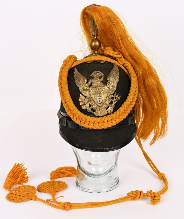 US INDIAN WAR ARMY 6TH CAVALRY PLUMED HELMET SHAKO: Shako has a black cloth body w/ a brass eagle on the front. Has an orange/yellow horse hair plumb and tassels. The inside has a light brown leather sweatband. US Quartermaster marked under the